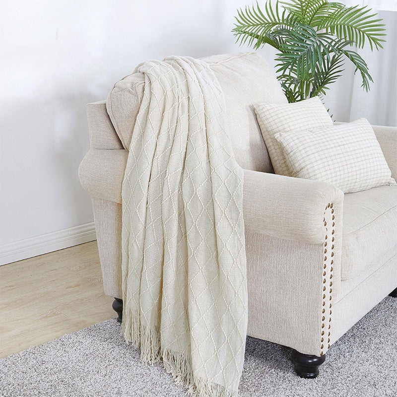 BOURINA Beige Throw Blanket 50x60 Inches Throw Textured Solid Soft Sofa Couch Decorative Knit Blanket - Image 2